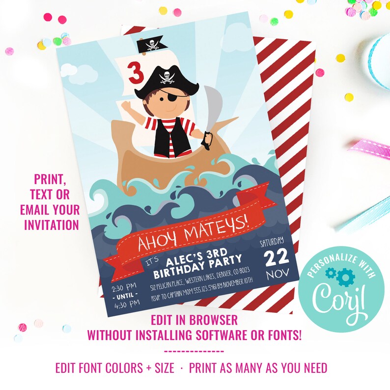 Invitación a fiesta de cumpleaños de niño pirata Invitación linda a fiesta de cumpleaños pirata Descarga instantánea Editar archivo con Corjl imagen 2