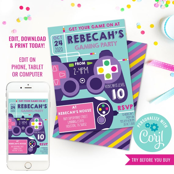Gaming Party Invitation - Video Game Invitation - Girls Gaming Party Invitation - Instant Download & Edit File with Corjl Il_570xn