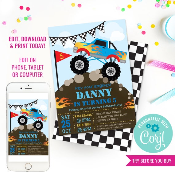 Monster Truck Invitation - Monster Truck Birthday Invitation - Truck Birthday Party Invitation - Instant Download & Edit File with Corjl Il_570xn