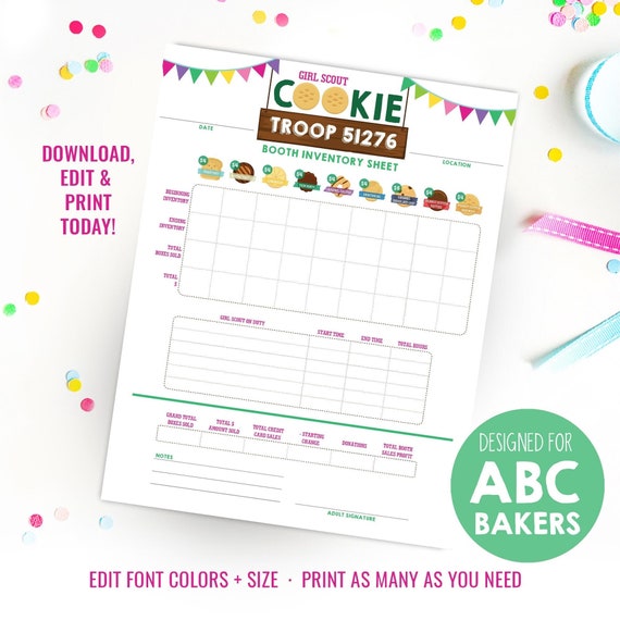 Girl Scout Cookie Booth Printable ABC Bakers Girl Scout Cookies Inventory Sheet Printables
