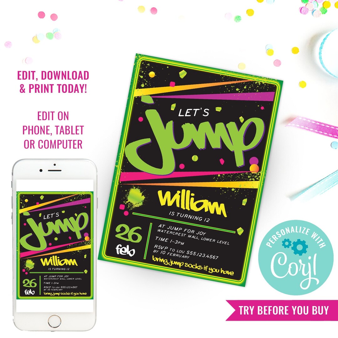 Jump Party Invitation Bounce Birthday Party Invite Trampoline Park