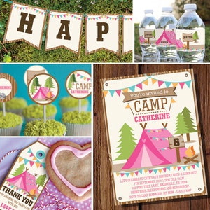 Girls Camping Party Full Printable Set Camp Out Glamping Editable Instant Download and Editable File Personalize with Adobe Reader image 1