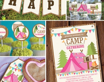Girls Birthday Party Camping Decor Printable Set Camp Out Party Decor Glamping Party Instant Download Edit File with Adobe Reader