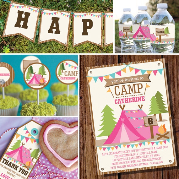 Girls Camping Party Full Printable Set - Camp Out - Glamping Editable - Instant Download and Editable File - Personalize with Adobe Reader Il_570xn