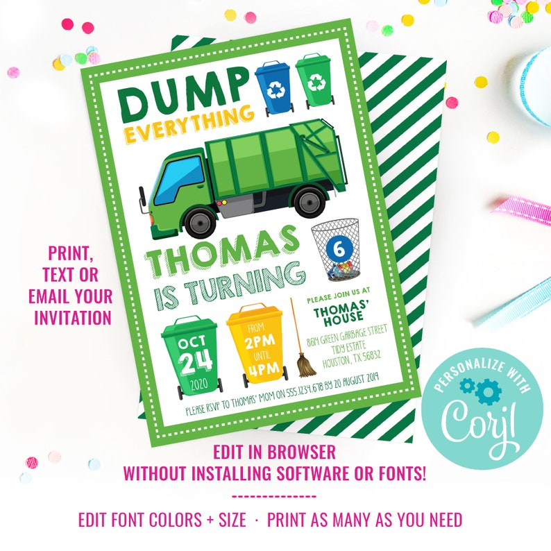 May include: A green and yellow birthday invitation for a child turning six. The invitation features a cartoon garbage truck and the text "Dump Everything Thomas is Turning 6". The invitation also includes the date "Oct 24, 2020" and the time "From 2PM Until 4PM".