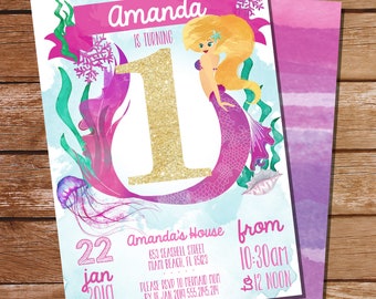 Pink Mermaid/Under the Sea 1st Birthday Party Invitation - Watercolor Mermaid Invitation - Instant Download and Edit File with Adobe Reader