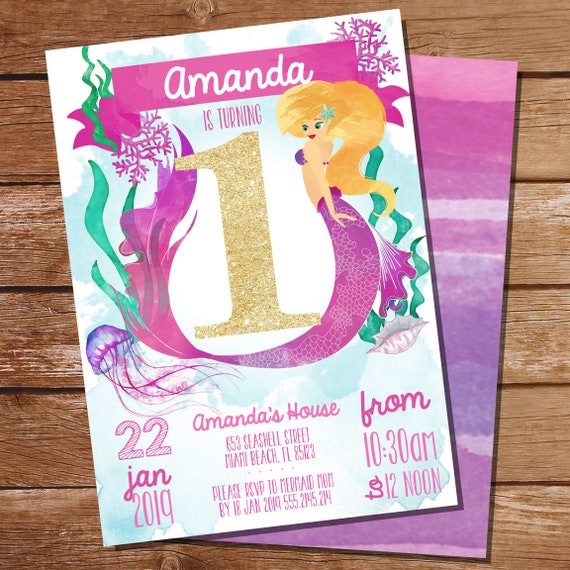 Pink Mermaid/Under the Sea 1st Birthday Party Invitation - Watercolor Mermaid Invitation - Instant Download and Edit File with Adobe Reader Il_570xn