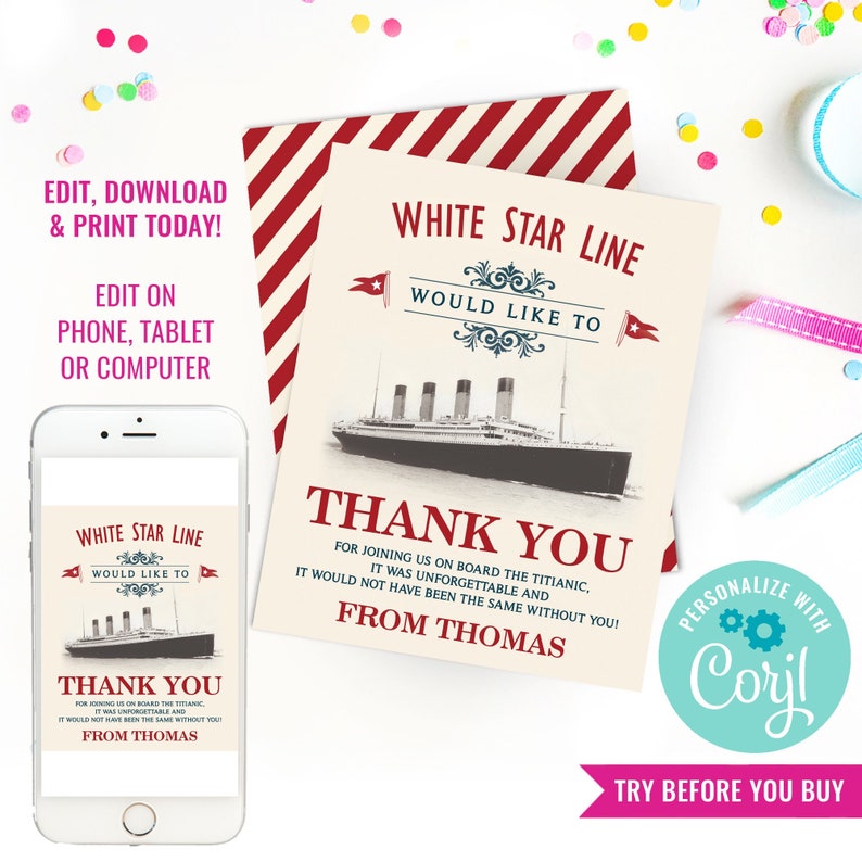 Titanic Party Thank You Card Titanic Thank You Card Vintage Titanic Party Card Instant Download & Edit File with Corjl image 1