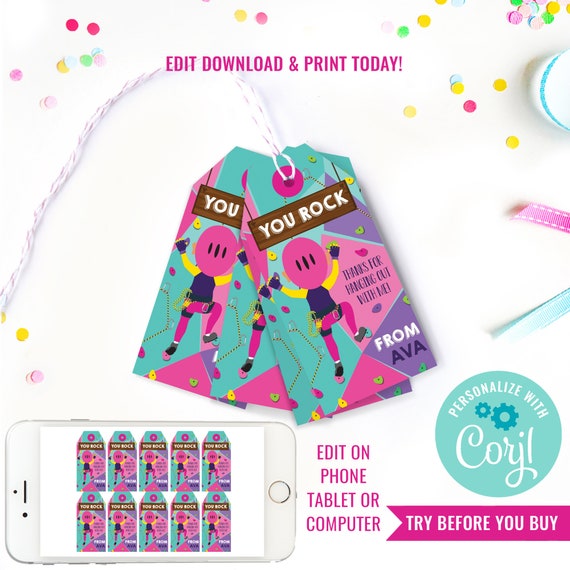 Rock Climbing Party Favor Tag Girls - Indoor Climbing Party Favors - Rock Climbing Party Favor Tags - Instant Download & Edit File in Corjl Il_570xn