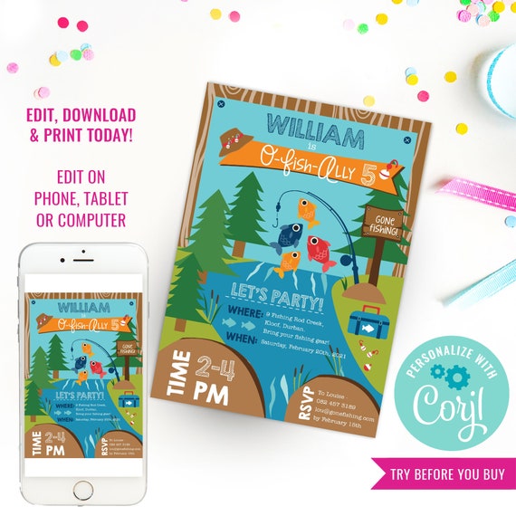Fishing Invitation - Gone Fishing Party - Gone Fishing Invitation - O Fish Ally One - Instant Download & Edit File with Corjl Il_570xn