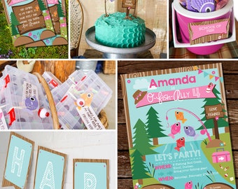 Fishing Party Decorations - Girls Fishing Birthday Party Decor - Gone Fishing Party Decorations - Instant Download - Editable File