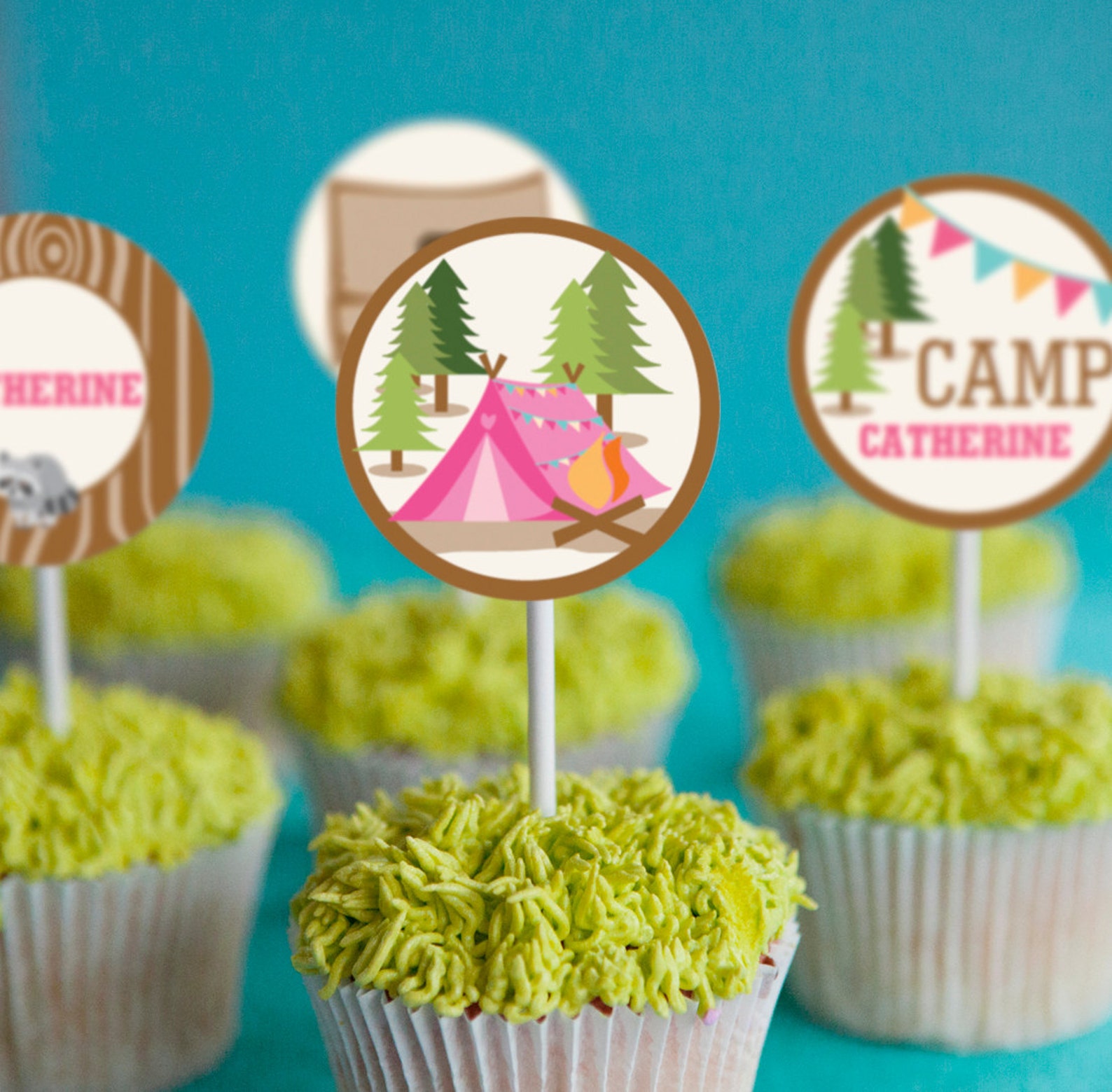 Girls Birthday Party Camping Party Cupcake Toppers Camp Out Toppers ...