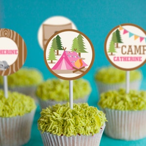 Camping Tent Party Cupcake Toppers - Camp Out Toppers - Glamping Editable - Instant Download - Editable File - Personalize with Adobe Reader