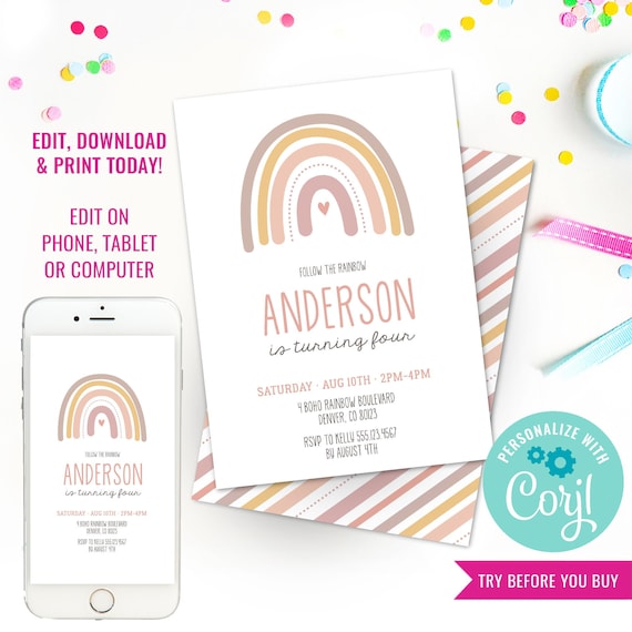 Rainbow Party Invitation - Boho Pink Rainbow Party Invitation - Modern Rainbow Party Invitation - Instant Download & Edit File with Corjl Il_570xn