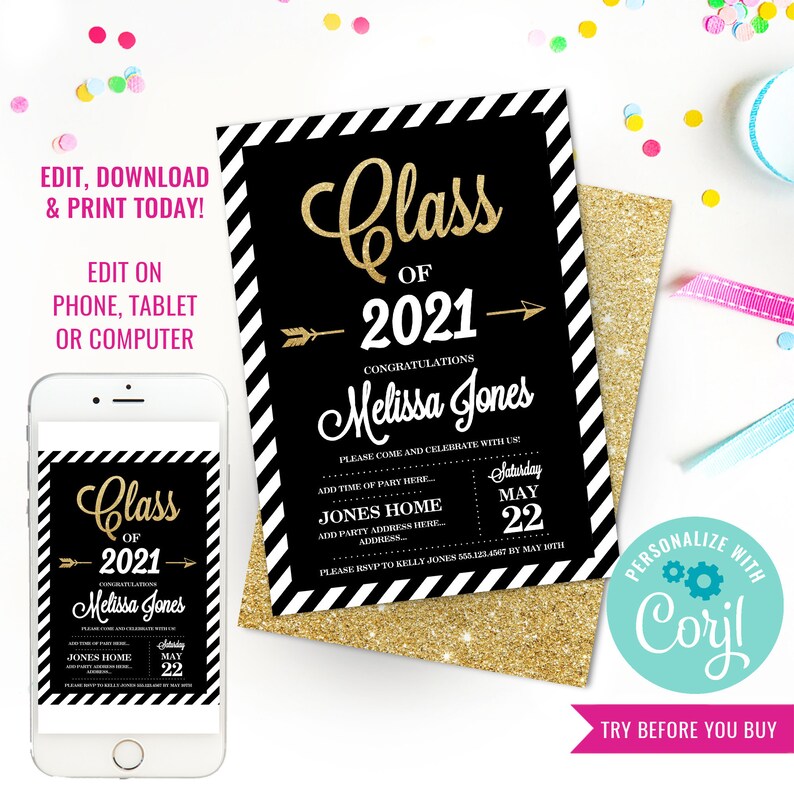 Graduation Invitation - Black and Gold Graduation Invitation - Gold ...
