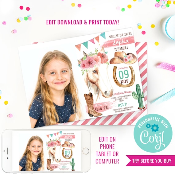 Cowgirl Birthday Party Invitation - Cowgirl Watercolor Invitation - Horse Party - Photo Invitation- Instant Download & Edit File with Corjl Il_570xn