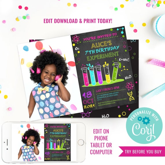 Science Experiment Party Photo Invitation for a Girl - Girl Science Lab Party - Instant Download & Edit File with Corjl Il_570xn