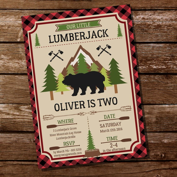 Little Lumberjack Birthday Invitation - Plaid, Wilderness, Forest - Instant Download and Edit File at home with Adobe Reader - Print at home Il_570xn