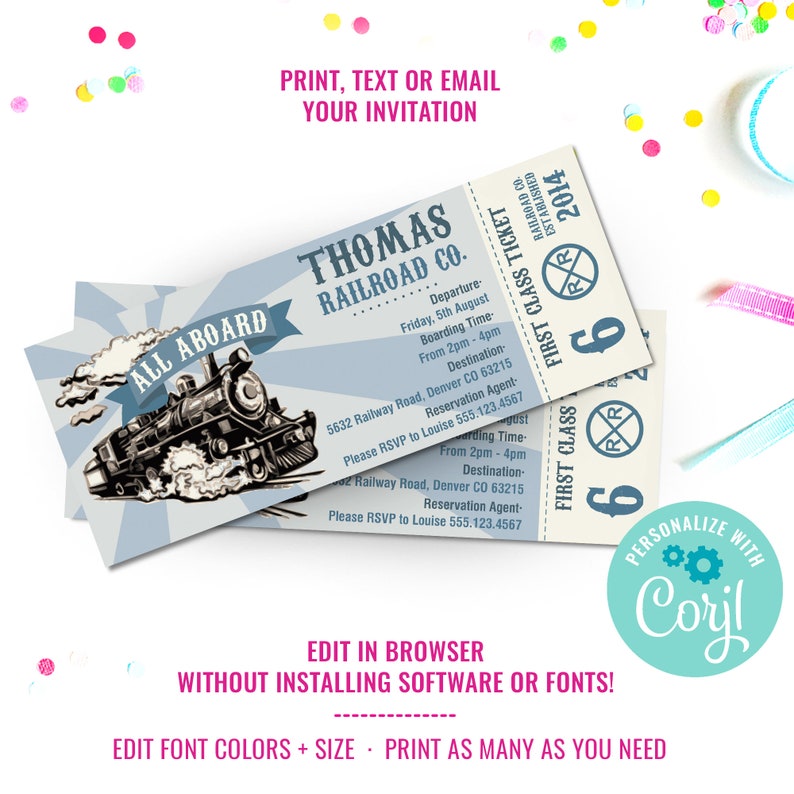 Boys Train Party Ticket Invitation Train Ticket Invite Vintage Train Birthday Party Invitation Instant Download Edit File in Corjl image 2