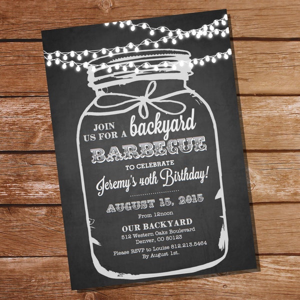 Chalkboard BBQ Birthday Invitation - Chalkboard Mason Jar Invitation - Instant Download and Edit File at home with Adobe Reader