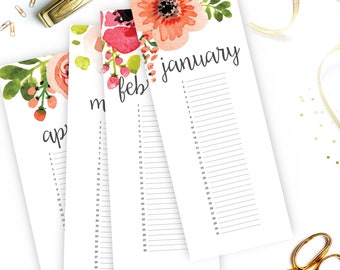 Printable Birthday Monthly Calendar - Printable Calendar - Watercolor floral Calendar - Instant Download - Print at home