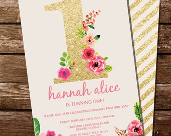 First Birthday Invitation - Gold Glitter Floral Watercolor Birthday Invitation - Instant Download and Edit at home with Adobe Reader