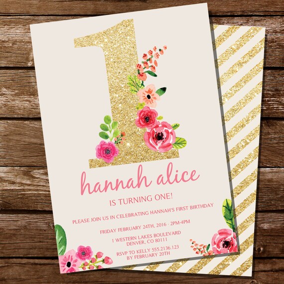 First Birthday Invitation - Gold Glitter Floral Watercolor Birthday Invitation - Instant Download and Edit at home with Adobe Reader Il_570xn