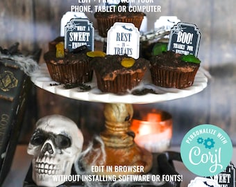 Halloween Party Tombstone Cupcake Toppers Halloween Graveyard Party Toppers Halloween Toppers Instant Download Edit File in Corjl