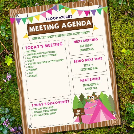 Girl Scout Meeting Agenda Printable - Editable Meeting Agenda - Girl Scout Printable - Instant Download and Edit File with Adobe Reader Il_570xn