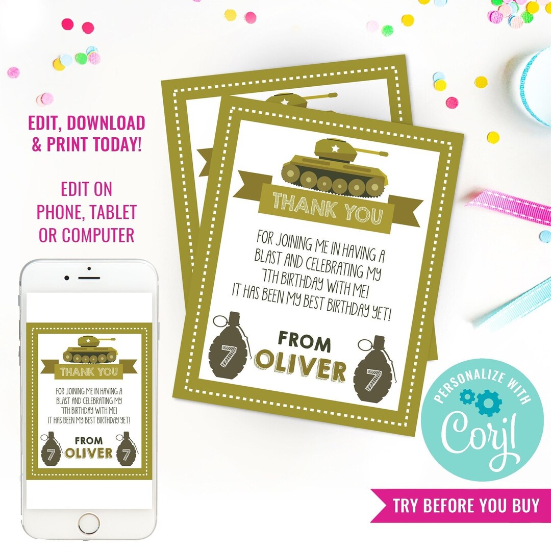 Army Tank Birthday Party Thank You Card for a Boy Army Party Etsy