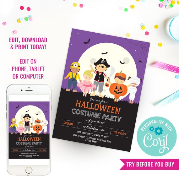 Halloween Costume Party Invitation - Kids Halloween Party Invitation - Halloween Invitations - Instant Download & Edit File with Corjl Il_570xn