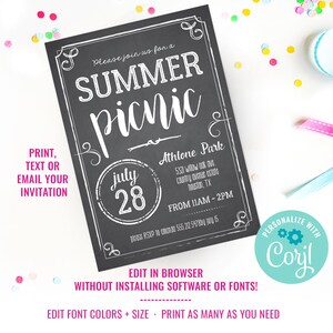 May include: A chalkboard-style invitation for a summer picnic at Athlone Park on 28th July from 11 AM to 2 PM. The invitation includes the address and RSVP information. The text "Please join us for a summer picnic" is written in white cursive font on a black background.