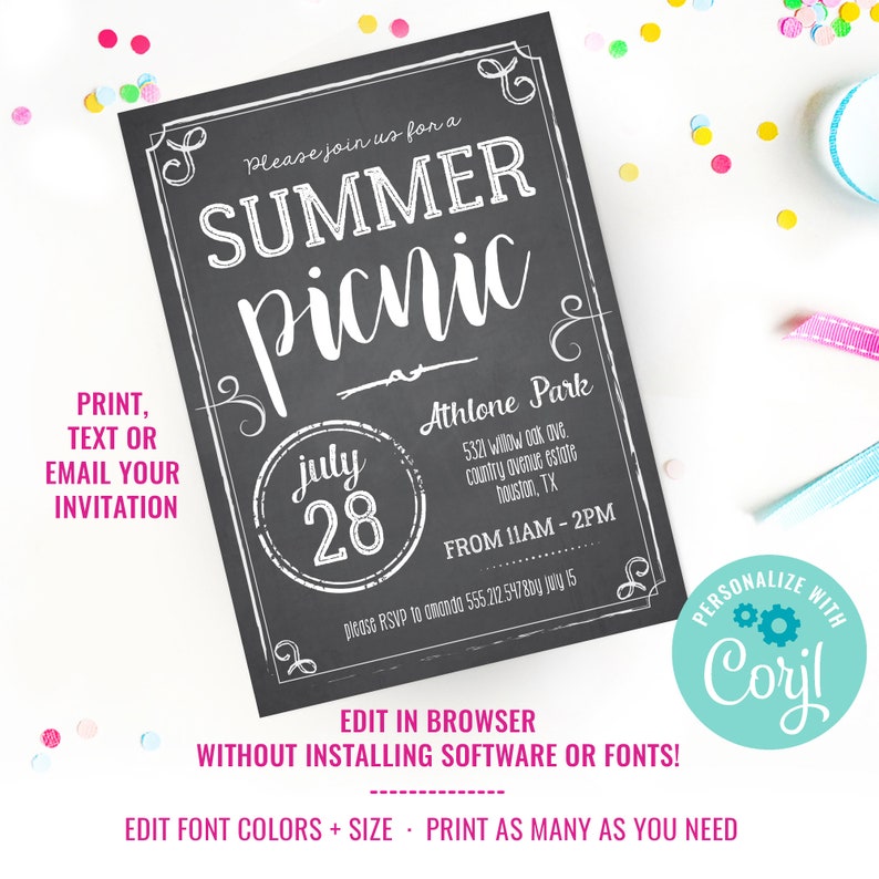 May include: A chalkboard-style invitation for a summer picnic at Athlone Park on 28th July from 11 AM to 2 PM. The invitation includes the address and RSVP information. The text "Please join us for a summer picnic" is written in white cursive font on a black background.