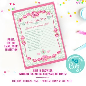 High Tea Party Game Spill The Tea Party Game Bridal Shower Games Instant Download & Edit File with Corjl image 2