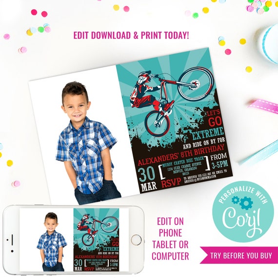 BMX Bike Party Invitation - Mountain Bike Party Invitation - Bike Party Photo Invitation - Instant Download & Edit File with Corjl Il_570xn