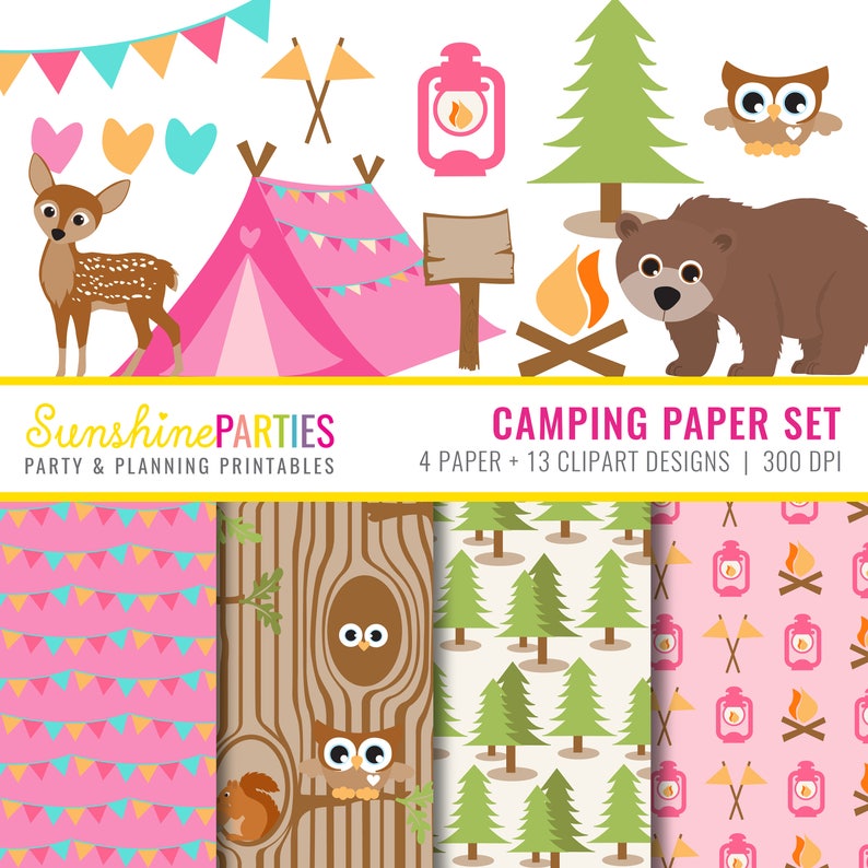 Girls Camping Party Clipart and Digital Paper Set Camp Out Glamping Printables Set of 17 Instant Download image 1