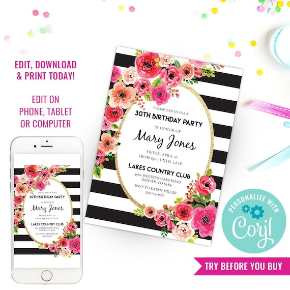 Buy Black And White Stripe Floral Watercolor Birthday Invitation.