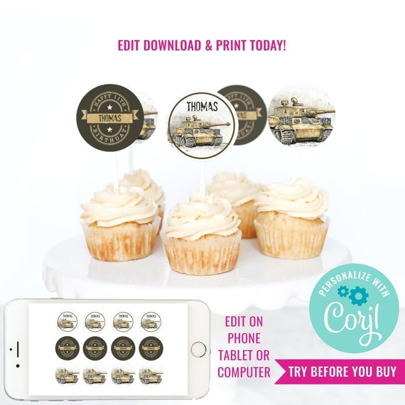 Army Tank Birthday Party Cupcake Toppers for a Boy - Vintage Army Party Cupcake Toppers - Instant Download & Edit File with Corjl Il_570xn