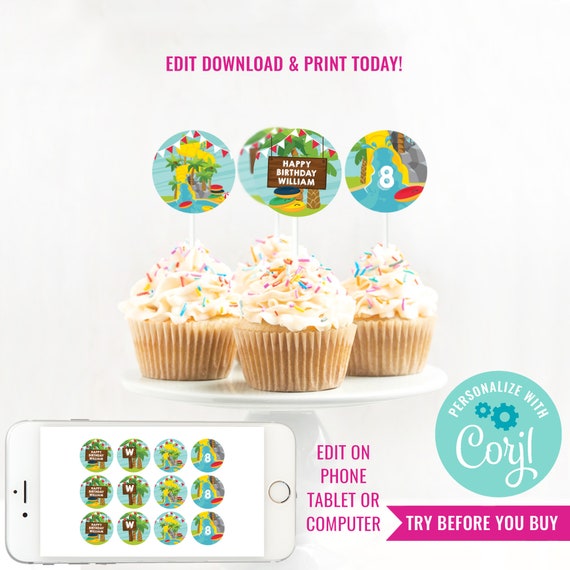 Water Park Birthday Party Cupcake Toppers - Water Slide Party Cupcake Toppers - Summer Party - Instant Download & Edit File with Corjl Il_570xn
