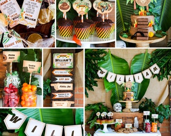 May include: Jungle-themed birthday party decorations with a brown cake, green leaves, and a banner that says "William". There are also signs that say "Rattle Snake River", "Lost Ark", "Fossil Dig", "Kingdom of the Crystal Skull", and "Temple of Doom".