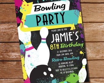 Retro Neon Bowling Party Invitation - Bowling Birthday Invitation - Instant Download and Edit File at home with Adobe Reader