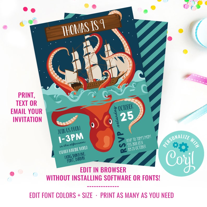 May include: A printable invitation for a 9th birthday party with a nautical theme. The invitation features a red octopus attacking a ship with the text "Thomas is 9" on a wooden sign. The invitation includes the date, time, and location of the party, as well as RSVP information.
