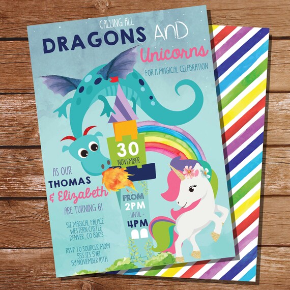 Dragon and Unicorn Party Invitation - Unicorn Dragon Party Invitation - Instant Download and Edit at home with Adobe Reader Il_570xn