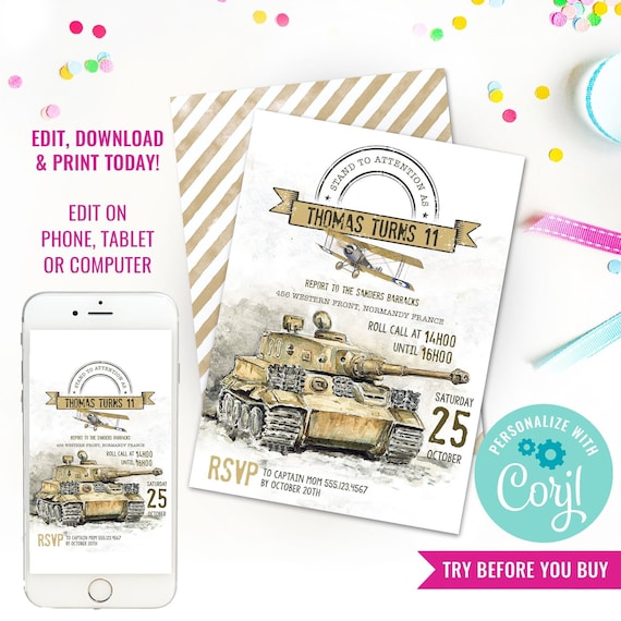 Army Tank Birthday Party Invitation for a Boy - Vintage Army Party Invitation - Army Invitation - Instant Download & Edit File with Corjl Il_570xn