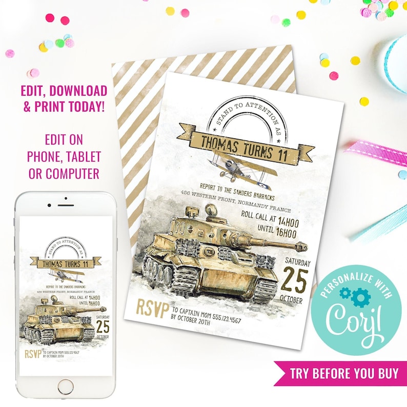 Puede incluir: Una invitaci&oacute;n imprimible para una fiesta de cumplea&ntilde;os de un ni&ntilde;o de 11 a&ntilde;os con tem&aacute;tica militar. La invitaci&oacute;n presenta un tanque de dibujos animados, un avi&oacute;n y el texto "Stand to Attention as Thomas Turns 11".