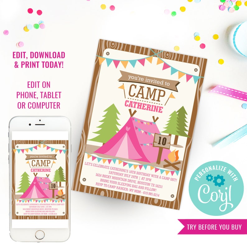 May include: A printable invitation for a 10th birthday party with a camping theme. The invitation features a pink tent, a campfire, and the text "You're invited to Camp Catherine".