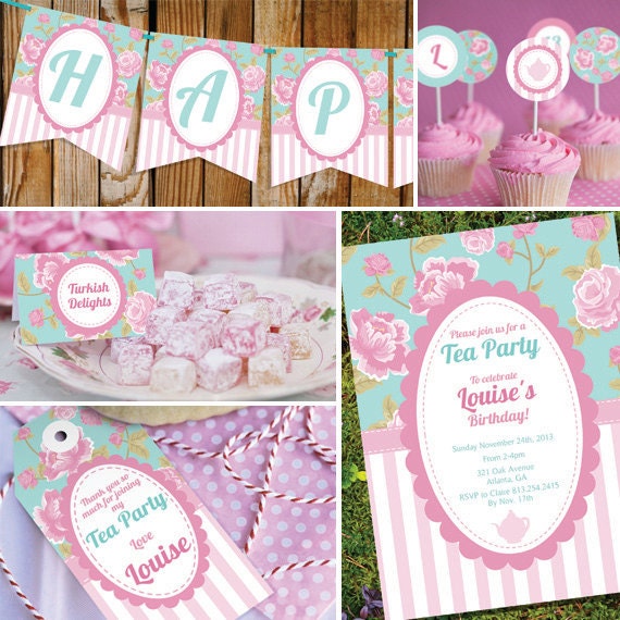 Shabby Chic Tea Party Theme - Instantly Downloadable and Editable File - Personalize and Print at home with Adobe Reader Il_570xn