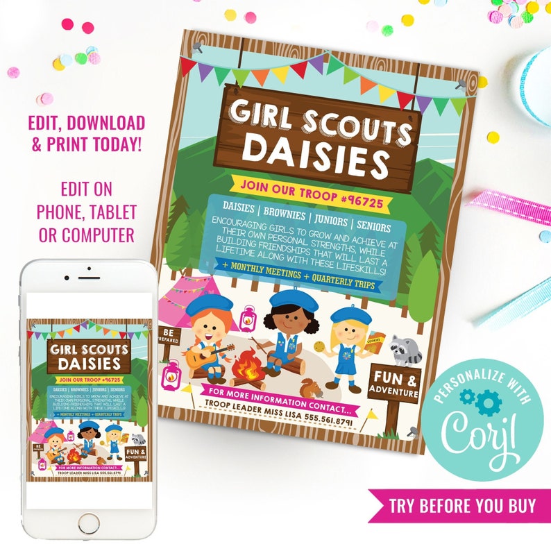 Girl Scouts Daisies Recruitment Flyer Printable - Girl Scout Recruitment Poster - Join The Daisies - Instant Download & Edit File with Corjl image 1
