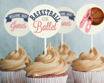 Basketball or Ballet Gender Reveal Cupcake Toppers - Ball or Ballet - Instant Download and Editable File - Personalize with Adobe Reader