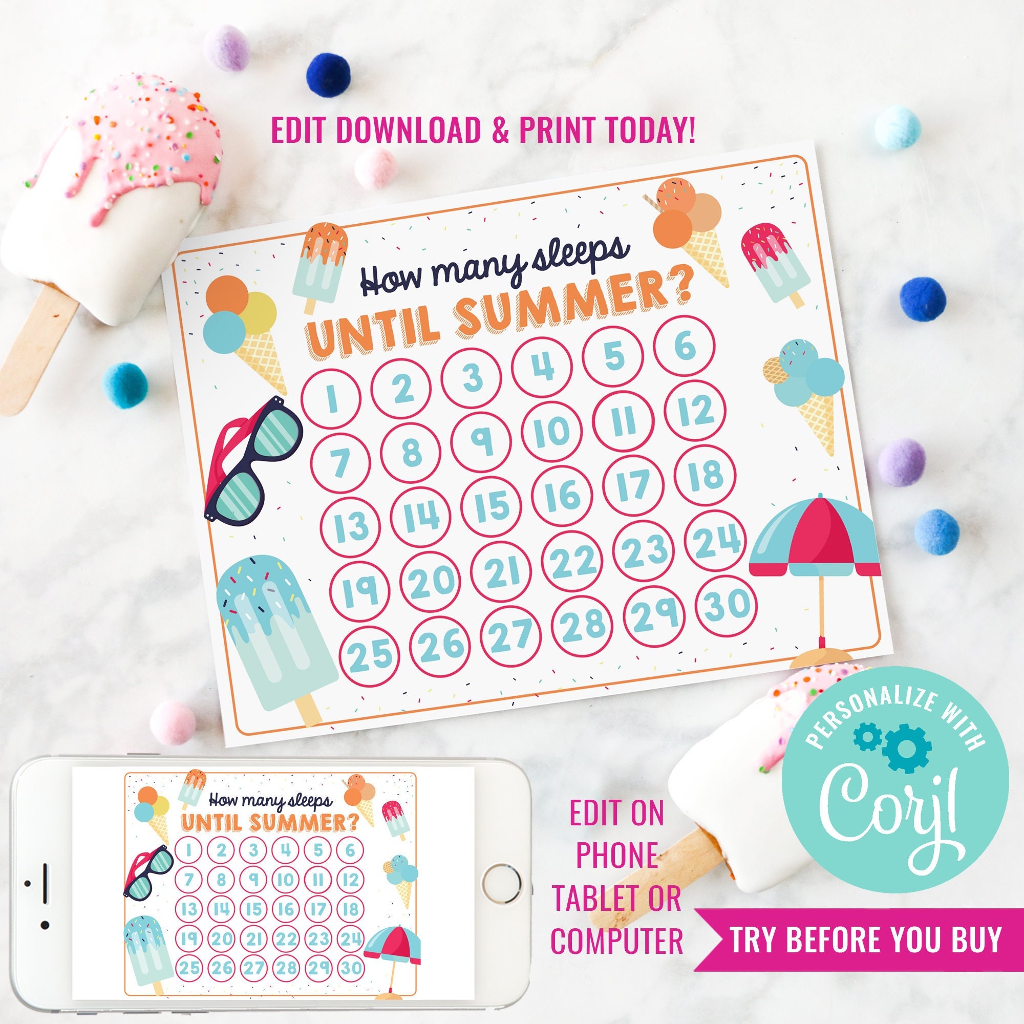 Kids Countdown Calendar DIY Printable Countdown Calendar Girls Countdown to Summer Instant Download Edit File in Corjl
